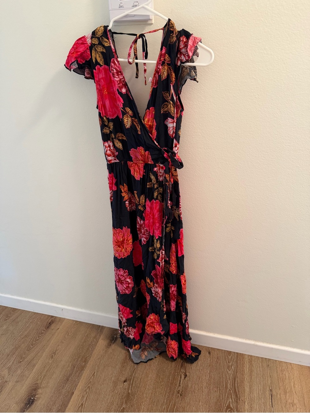 Xhilaration Black Maxi Dress with Pink and Coral Floral Print